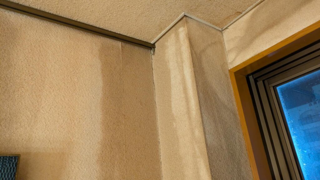 天井や壁紙に残る雨染みの跡。過去の雨漏り履歴や、屋根裏の木材の腐朽状態を診断する際の判断材料