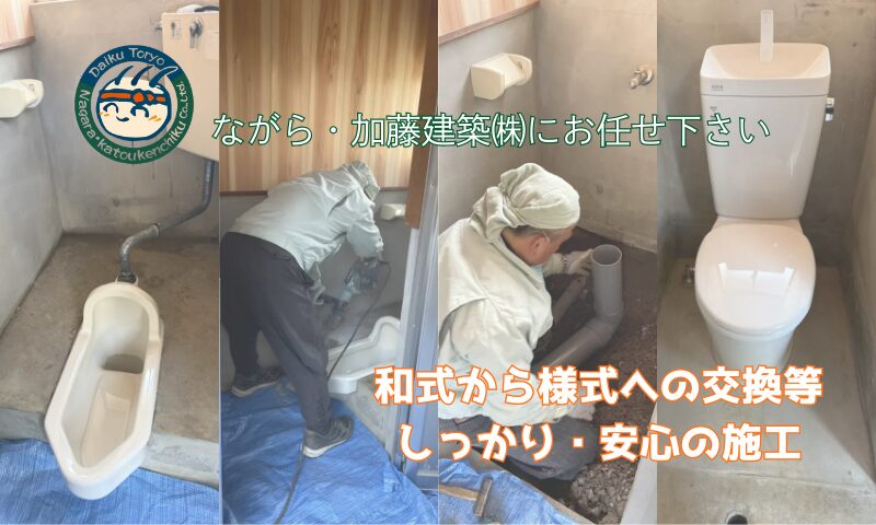 豊橋市のながら・加藤建築によるトイレリフォーム施工例。最新の節水型便器と、大工の技による機能的な内装リフォーム